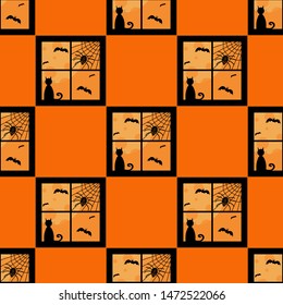 Halloween seamless pattern, window, bats, moon, cat, spider web and spider.