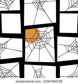 Halloween seamless pattern of windows, moon and spiderweb on white background. Modern design for clothes, fabric, paper, cover, interior decoration. Vector texture. EPS 10