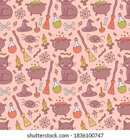 Halloween seamless pattern with witch accessories. Black cat, broom, cauldron, potion and others. Cute cartoon hand drawn. Kawaii style. Vector illustration.