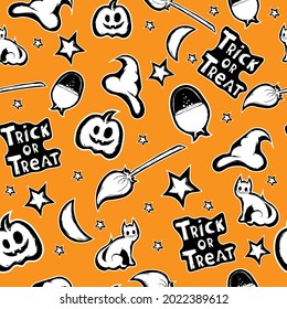 Halloween seamless pattern. Witch accessories for witchcraft on orange background. Vector illustration