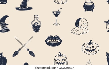 Halloween seamless pattern. Witch background. Vintage halloween icons isolated on white background. Vector illustration