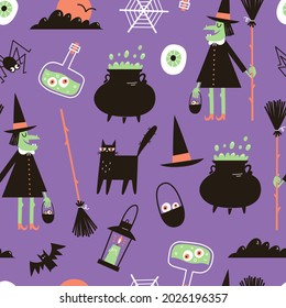 Halloween seamless pattern with witch, black cat, magic cauldron and potion