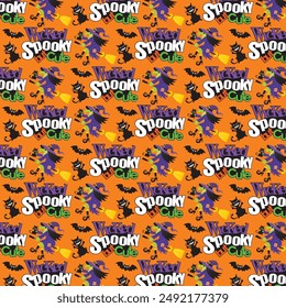 Halloween seamless pattern with witch, black cat and spooky