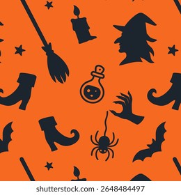 Halloween padrão sem costura com bruxa, vassoura, morcego, aranha, poção, vela, bota, mão, silhuetas pretas em laranja. Vetor plano. Para tecidos, papel de embalagem, papéis de parede, projetos digitais e de impressão.