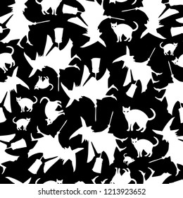 Halloween Seamless Pattern Witch Cat Black and White
