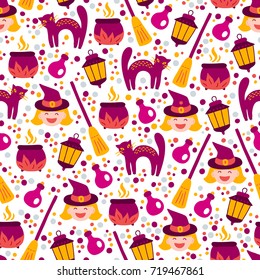 Halloween seamless pattern with witch, cat, confetti, broom, pot, potion, lantern on white background. Perfect for wallpaper and greeting cards
