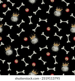 Halloween seamless pattern with witch cauldrons, bones, and creepy eyeballs on a dark backdrop