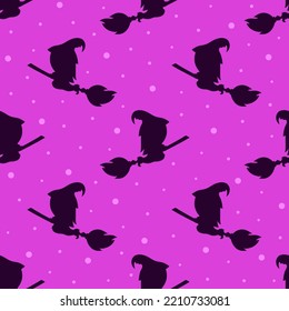 halloween seamless pattern with witch is flying on broom, silhouette of flying witch on pink background, vector illustration in flat style