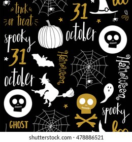 Halloween seamless pattern with witch, ghost, lettering and other. Template for textile, Party card, Greeting Scrapbooking, Congratulations, Invitations, Stickers.