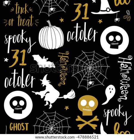 Halloween seamless pattern with witch, ghost, lettering and other. Template for textile, Party card, Greeting Scrapbooking, Congratulations, Invitations, Stickers.
