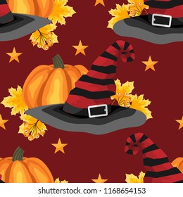 Halloween seamless pattern with witch hat, pumpkin, autumn leaves, berries and  star. 