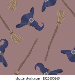 Halloween seamless pattern with witch hat and broom. Vector illustration.