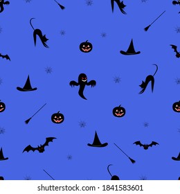 Halloween seamless pattern with witch hat, pumpkin, ghost, cat and broom