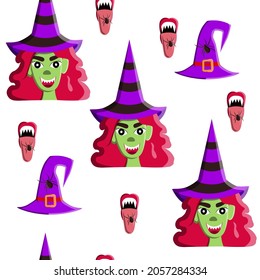 Halloween seamless pattern with witch in hat, mouth, and spider Vector illustration
