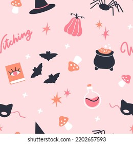 Halloween seamless pattern with witch hat; cauldron, bat, pumpkin and other traditional decors