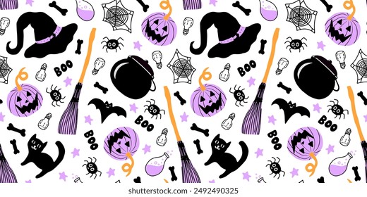 Halloween nahtlose Muster mit Hexenhut, Kürbis, Fledermaus, Katze, Kessel, Spinne, Spinne Web und Trank. Vektorillustration in Lila, Schwarz, Weiß und Goldfarben.