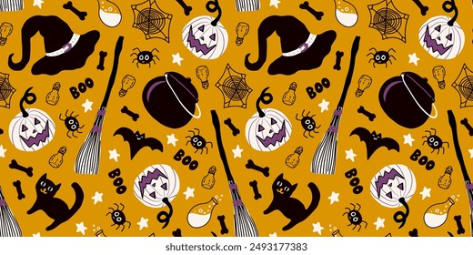 Halloween seamless pattern with witch hat, pumpkin, bat, cat, cauldron, spider, spider web and potion. Vector illustration in orange, purple, black and white colors. Spooky illustration.