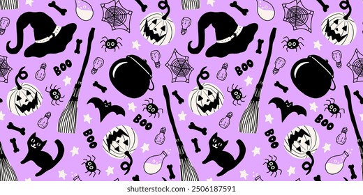 Halloween seamless pattern with witch hat, broom, pumpkin, bat, cat, cauldron, spider, bone, spider web and potion. Vector illustration in purple, black and white colors.