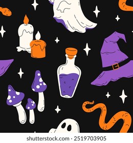 Dia das Bruxas padrão sem costura com chapéu de bruxa, vela, fantasma, cogumelo, cobra. Personagens vetoriais bonitos para decoração de Halloween. Fundo assustador desenhado à mão para impressão, cartaz, banner, papel de embrulho.