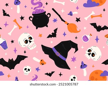 Patrón sin fisuras de Halloween con sombrero de bruja, cráneo, murciélago, champiñón, hueso, poción. Personajes de Vector plano para la decoración de Halloween. Fondo espeluznante dibujado a mano para impresión, póster, Anuncio, papel de regalo.