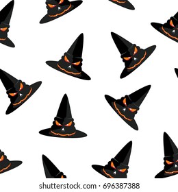 Halloween seamless pattern with witch hat. Festive decoration of advertising and congratulatory products. Flat vector cartoon illustration. Objects isolated on white background.