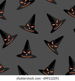 Halloween seamless pattern with witch hat. Festive decoration of advertising and congratulatory products. Flat vector cartoon illustration. Objects isolated on grey background.