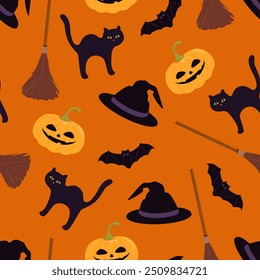 Halloween seamless pattern. Witch hats, black cats, brooms, bats, scary pumpkins on orange background. Vector cartoon flat illustration