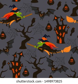 halloween seamless pattern with a witch on a broomstick and bats - vector illustration, eps