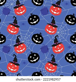 Halloween seamless pattern with witch pumpkin scary face on spider web background. Seasonal celebration abstract surface. Halloween character vector illustration.