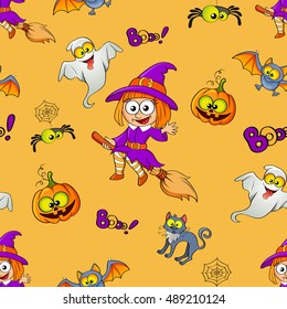 Halloween seamless pattern with witch, pumpkin, cat, bat, ghost and spider