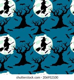 Halloween seamless pattern with witch silhouettes, moon, scary leafless trees and bats.  Cartoon tiling background.