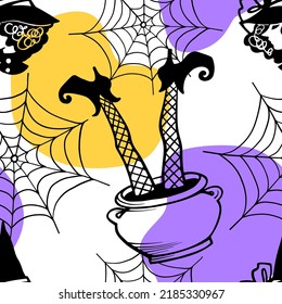 Halloween seamless pattern with witch and spider web. Hand drawn sketch style. Black shoes. Vector illustration on blobs background.