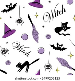 Halloween seamless pattern with witch symbols - cat, bat, broom, witch hat and pentagram. Power girls theme. Holiday decor