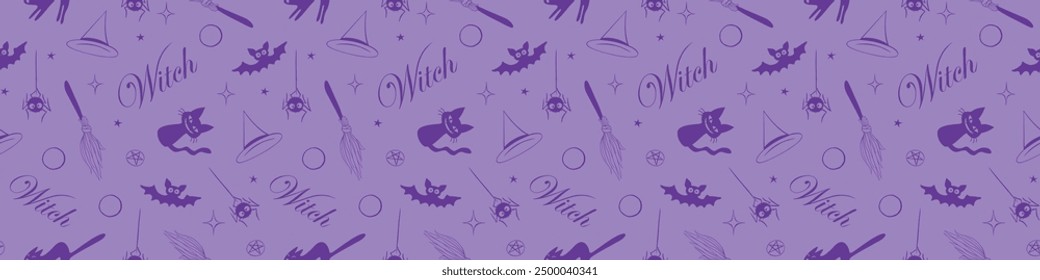 Halloween seamless pattern with witch symbols - cat, bat, broom, witch hat and pentagram. Power girls theme. Holiday decor