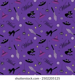 Halloween seamless pattern with witch symbols - cat, bat, broom, witch hat and pentagram. Power girls theme. Holiday decor