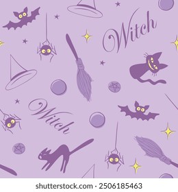 Halloween seamless pattern with witch symbols - cat, bat, broom, witch hat and pentagram. Cute light soft girlish seamless pattern, background of magic elements. Power girls theme.