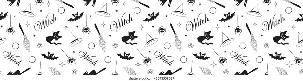 Halloween seamless pattern with witch symbols - cat, bat, broom, witch hat and pentagram. Power girls theme. Holiday decor