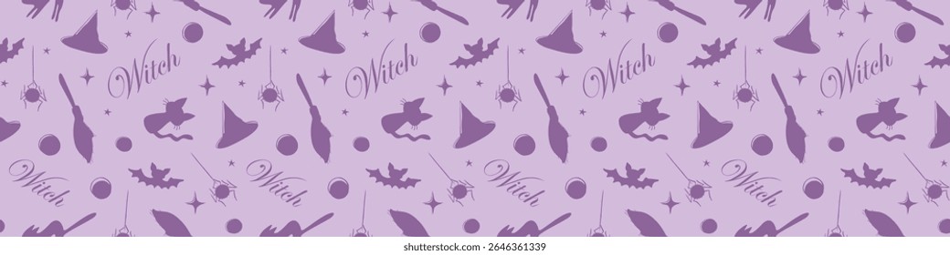 Halloween seamless pattern with witch symbols - cat, bat, broom, witch hat and pentagram. Power girls theme. Holiday decor