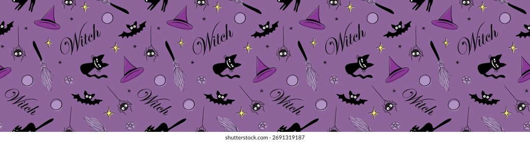 Dia das Bruxas padrão perfeito com símbolos de bruxa - gato, morcego, vassoura, chapéu de bruxa e pentagrama. Tema de garotas poderosas. Decoração de feriados