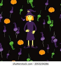 Halloween nahtloses Muster mit Hexen, Stuhlhockern und Kürbissen auf schwarzem Hintergrund im Cartoon-Stil. Für Textilien, Verpackungspapier, Feriendesigns.