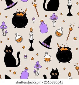 Halloween seamless pattern. Witchcraft, withcore aesthetic background. Happy Halloween. Hand drawn vector illustration. 