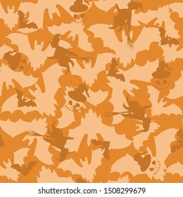 Halloween seamless pattern. Witches and bats on an orange background. Scary endless texture for fabric, paper.