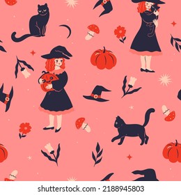 Halloween seamless pattern with witches, black cats and pumpkins. Vector graphics.