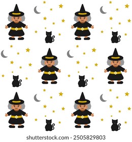 Halloween seamless pattern with witches and black cats during night time. Repeatable design on white background. Editable EPS vector.