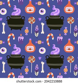 Halloween seamless pattern with witches brew, bottle of poison and sweets. Cute spooky vector illustration. Trick or treat holiday background. Hand drawn endless texture for textile, wrapping paper.