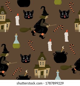 Patrón ininterrumpido de Halloween con brujas, gatos y casas