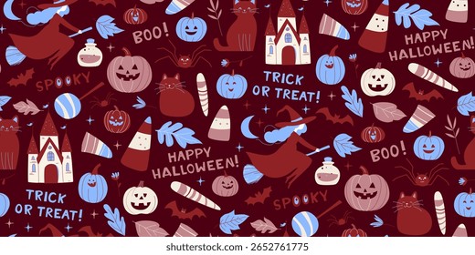 Dia das Bruxas Padrão sem emenda com bruxas, gatos, abóboras e doces fundo vermelho escuro. Papel digital bonito Jack-o-lanternas e Truque ou Treat e Lettering Acolhedor Spooky Flat Cartoon Vetor Ilustração