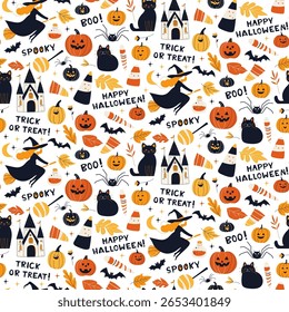 Dia das Bruxas Padrão sem emenda com bruxas, gatos, abóboras e fundo branco doce. Papel digital bonito Jack-o-lanternas e Truque ou Treat e Lettering Acolhedor Spooky Flat Cartoon Vetor Ilustração