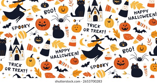 Dia das Bruxas Padrão sem emenda com bruxas, gatos, abóboras e fundo branco doce. Papel digital bonito Jack-o-lanternas e Truque ou Treat e Lettering Acolhedor Spooky Flat Cartoon Vetor Ilustração