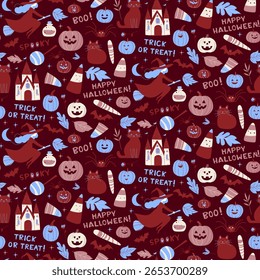 Halloween Seamless Pattern with Witches, Cats, Pumpkins and Candy Dark Red Background. Cute Digital Paper Jack-o-Lanterns and Trick or Treat and Lettering Cozy Spooky Flat Cartoon Vector Illustration